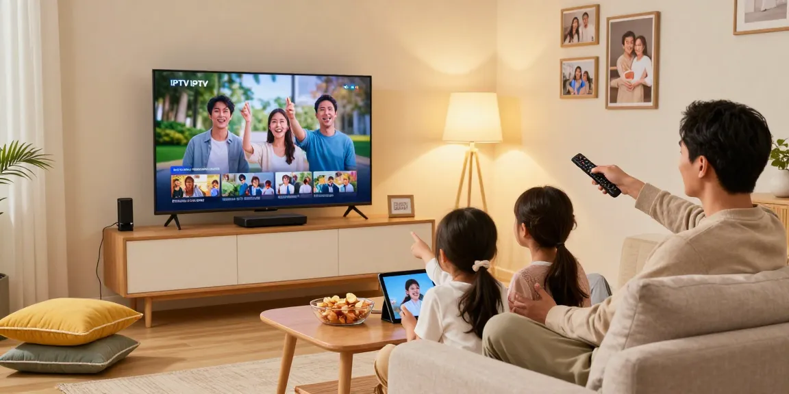 Family enjoying premium IPTV service from https://ottoceean.com/ in a cozy living room with Smart TV and snacks.