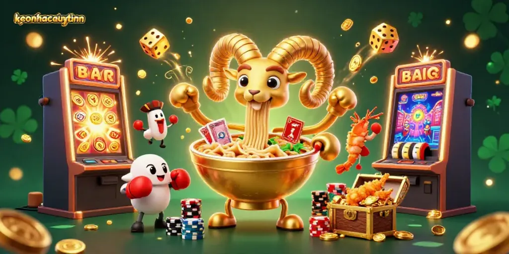 Engage in thrilling gameplay with the keonhacaiuytinn golden ramen bowl, casino elements, and colorful characters.