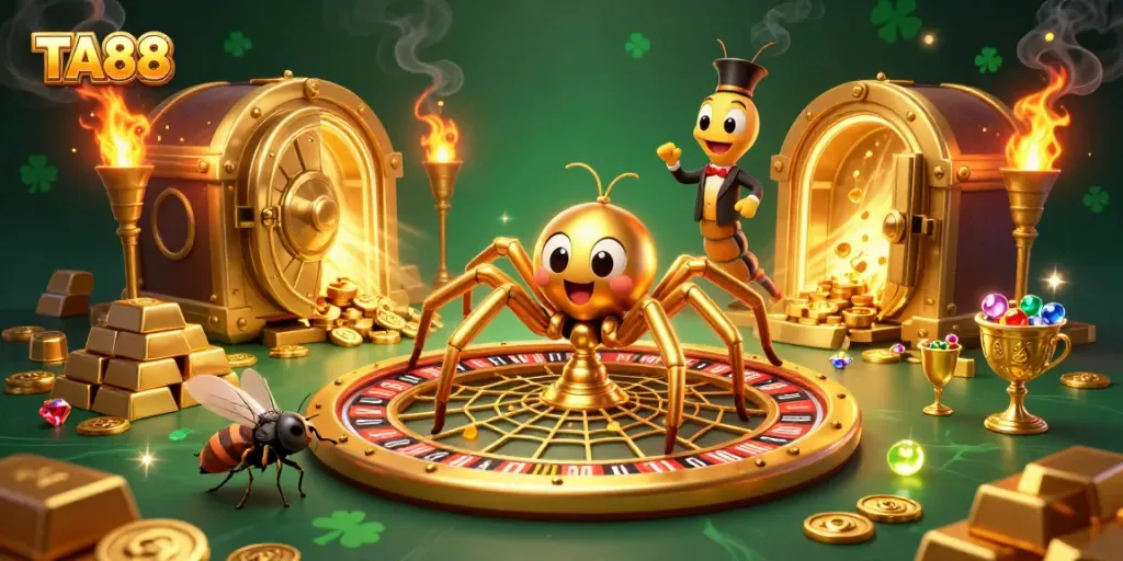TA88's lively casino scene with golden spider, croupier centipede, and treasures amid vibrant details.