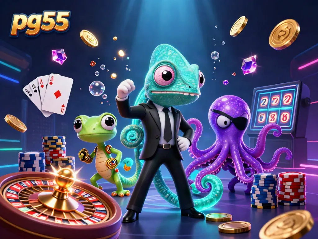 Get ready to win big with pg55 as the cunning chameleon, gadget-savvy gecko, and villainous octopus unite amidst falling coins and spinning roulette!