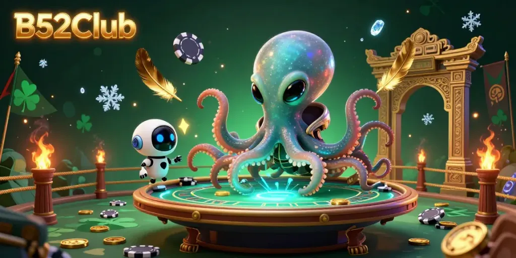 Experience the excitement at B52Club with a cosmic octopus and robot at a holographic poker table, showcasing vibrant casino elements.