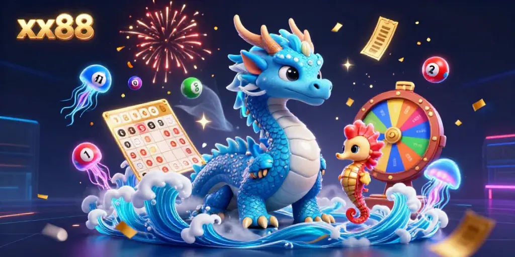 Experience the excitement of xx88 with a vibrant digital scene showcasing a dragon, seahorse knight, and colorful lottery elements.
