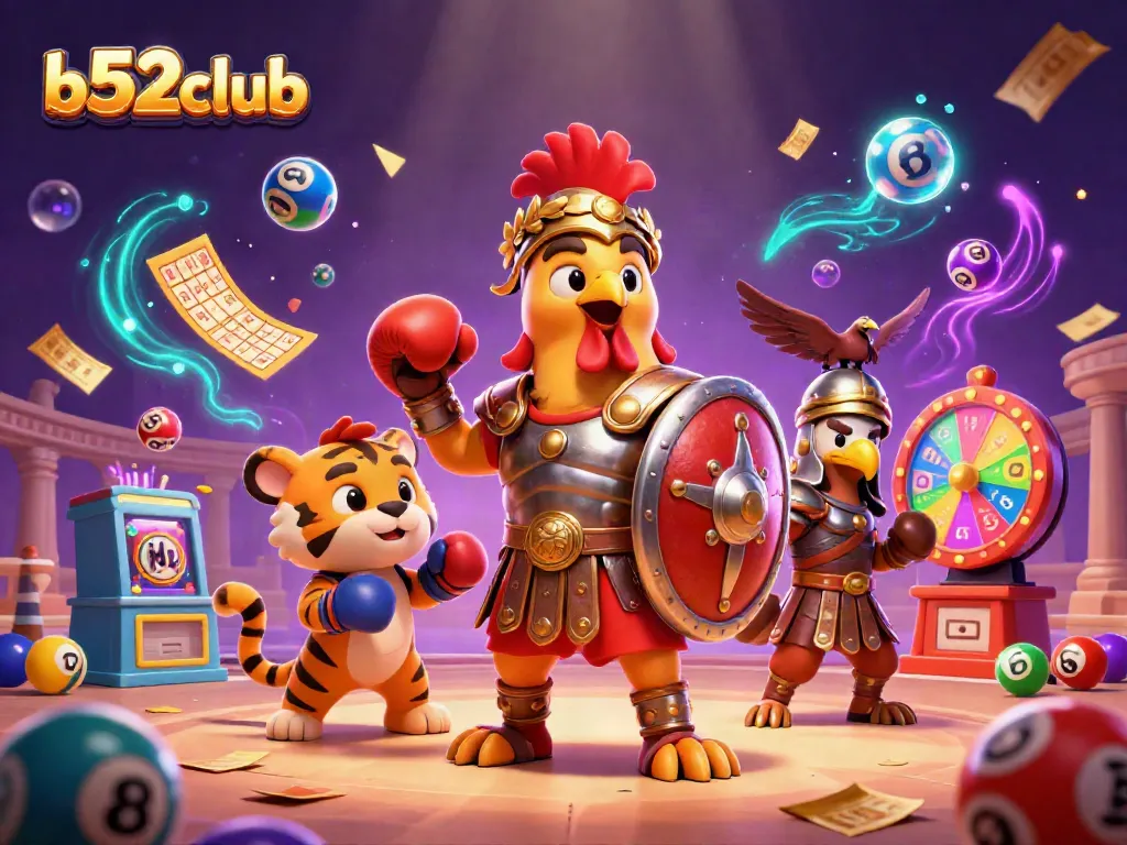 Experience thrilling gaming action at b52club featuring a dynamic 3D scene of a gladiator rooster and tiger cub in a casino arena.