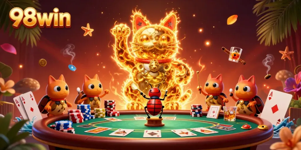 Play games at 98win with golden fireflies forming a lucky cat among casino symbols.