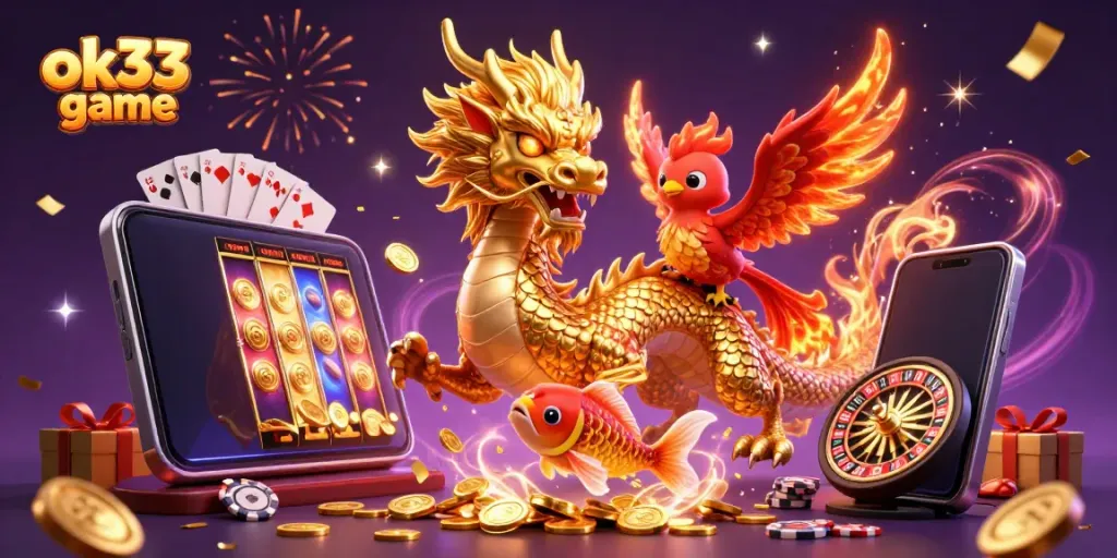 Playing the exciting ok33 game with a dragon, phoenix, and koi fish amidst vibrant gaming elements.