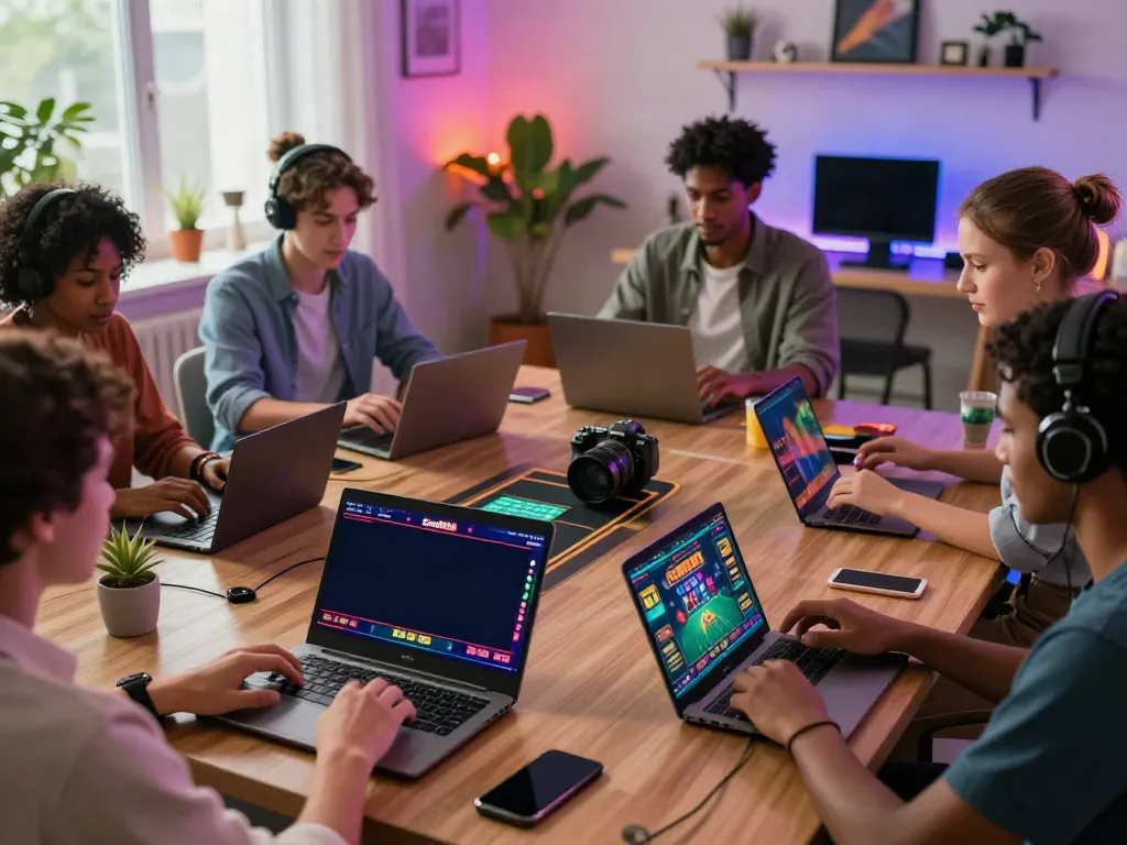 A diverse group of players enjoying various online gaming experiences on Gem888, showcasing laptops and mobile devices in a vibrant home office.