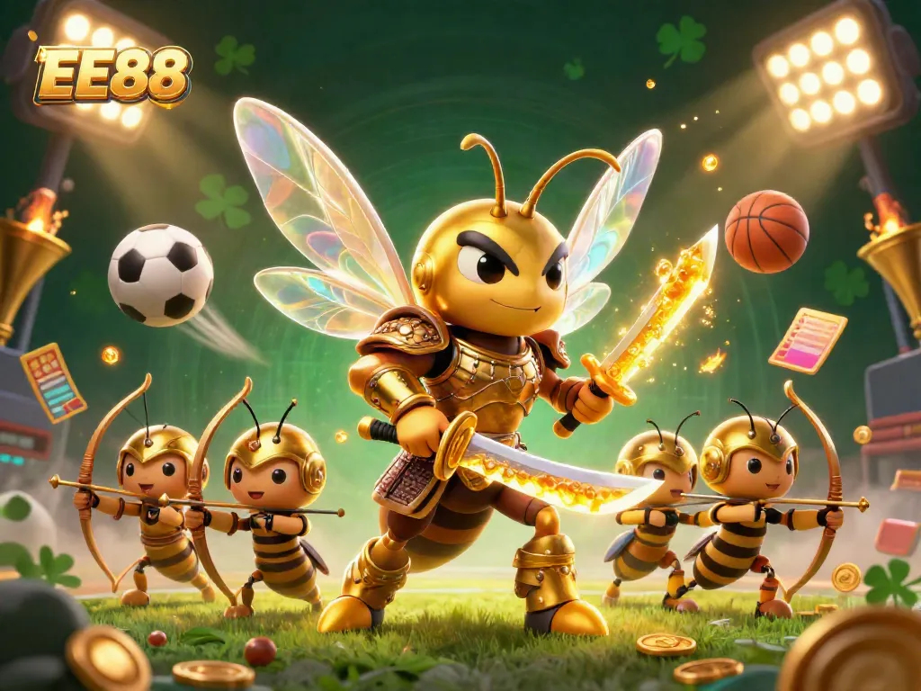 Experience EE88 with a lively 3D illustration of a golden hornet samurai leading a sports betting adventure.