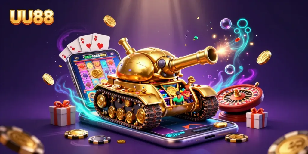 Experience the excitement of UU88 with a dynamic 3D casino scene featuring vibrant slot games and engaging elements.