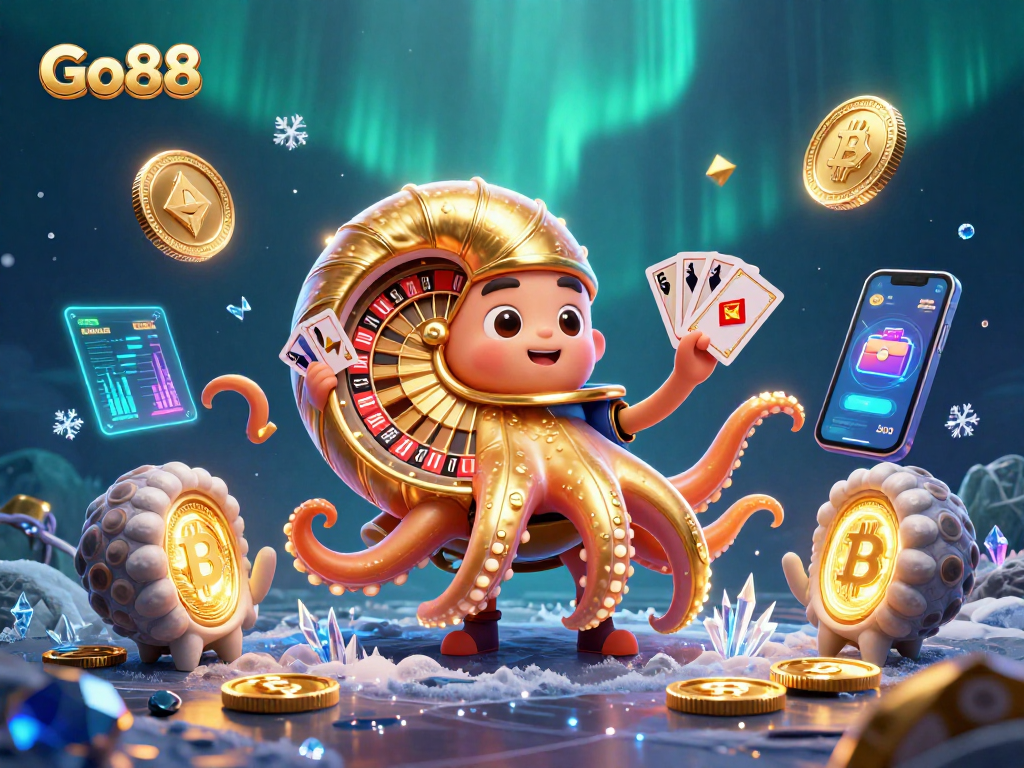 Go88 players winning big with a giant nautilus roulette wheel and crypto elements in a 3D casino setting.