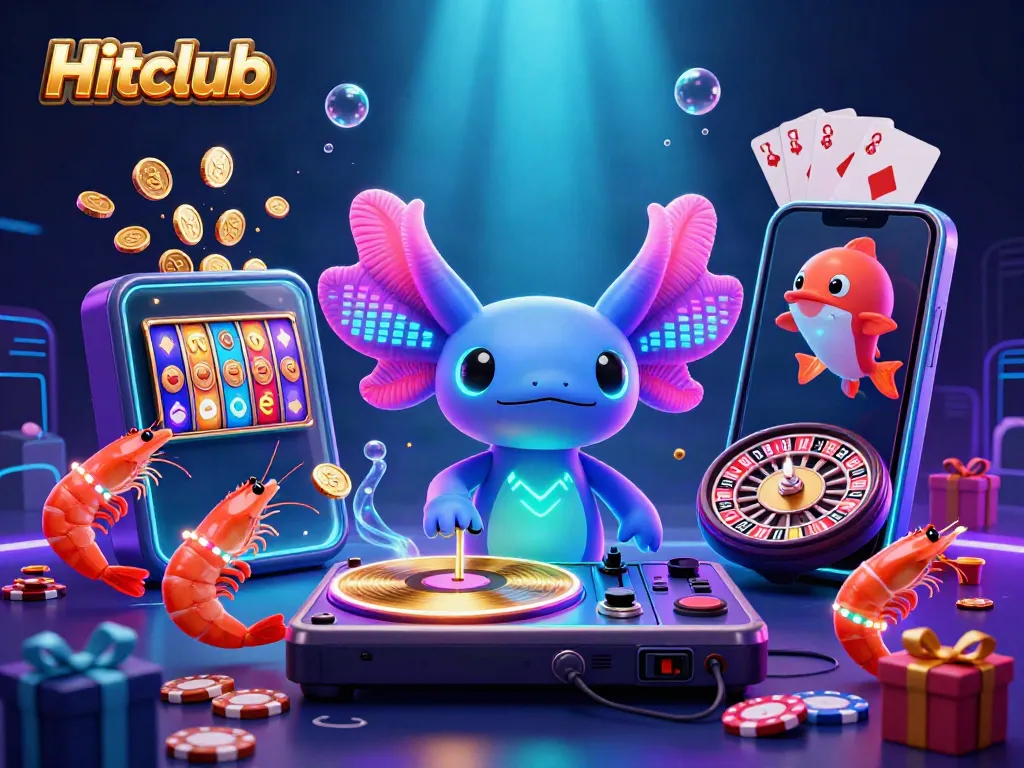 Dive into the vibrant Hitclub casino world with a neon axolotl DJ spinning games and excitement.