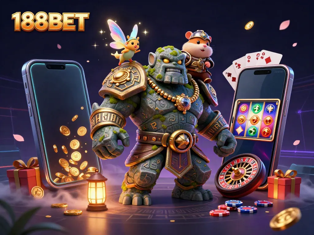 Experience the excitement of 188BET with vibrant illustrations of a stone golem, fairy, and hamster knight amidst casino games.