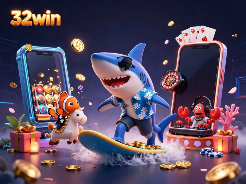 Experience thrilling slots with 32win as a shark surfs gold coins, showcasing vibrant gaming elements.