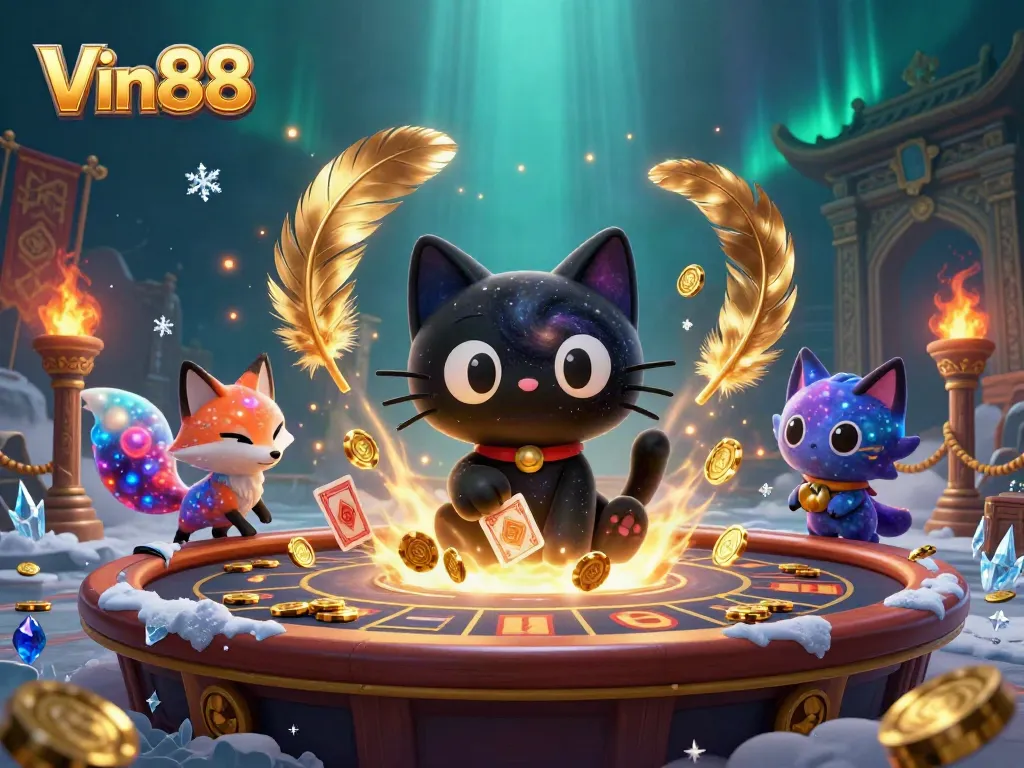 Experience thrilling action at Vin88 as the black hole cat pulls in golden chips at a cosmic casino.