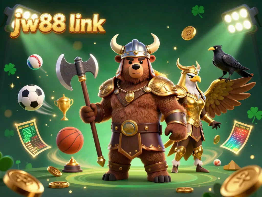 Engage with the jw88 link in a vibrant casino adventure featuring a Viking bear and an eagle amidst dynamic sports elements.