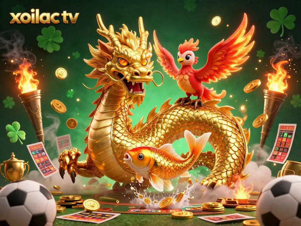 Experience thrilling sports betting with xoilac tv's dynamic dragon scene filled with coins and footballs.