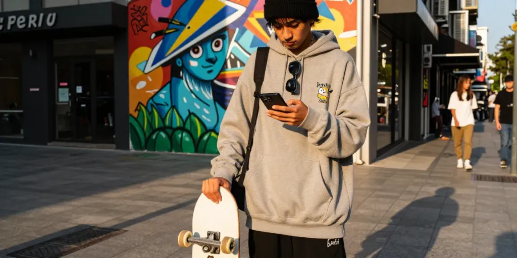 Rokok88 fashion scene with stylish youth engaging in urban culture.