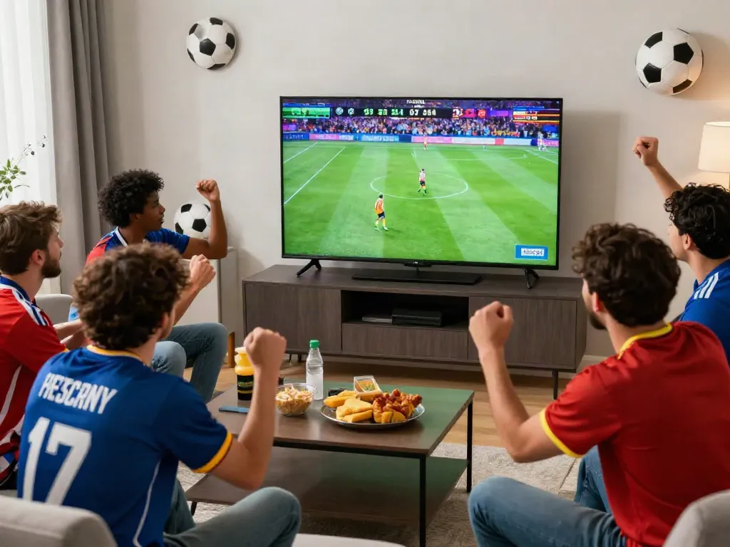 Cakhiatv fans enjoying a live football match in a lively home setting.