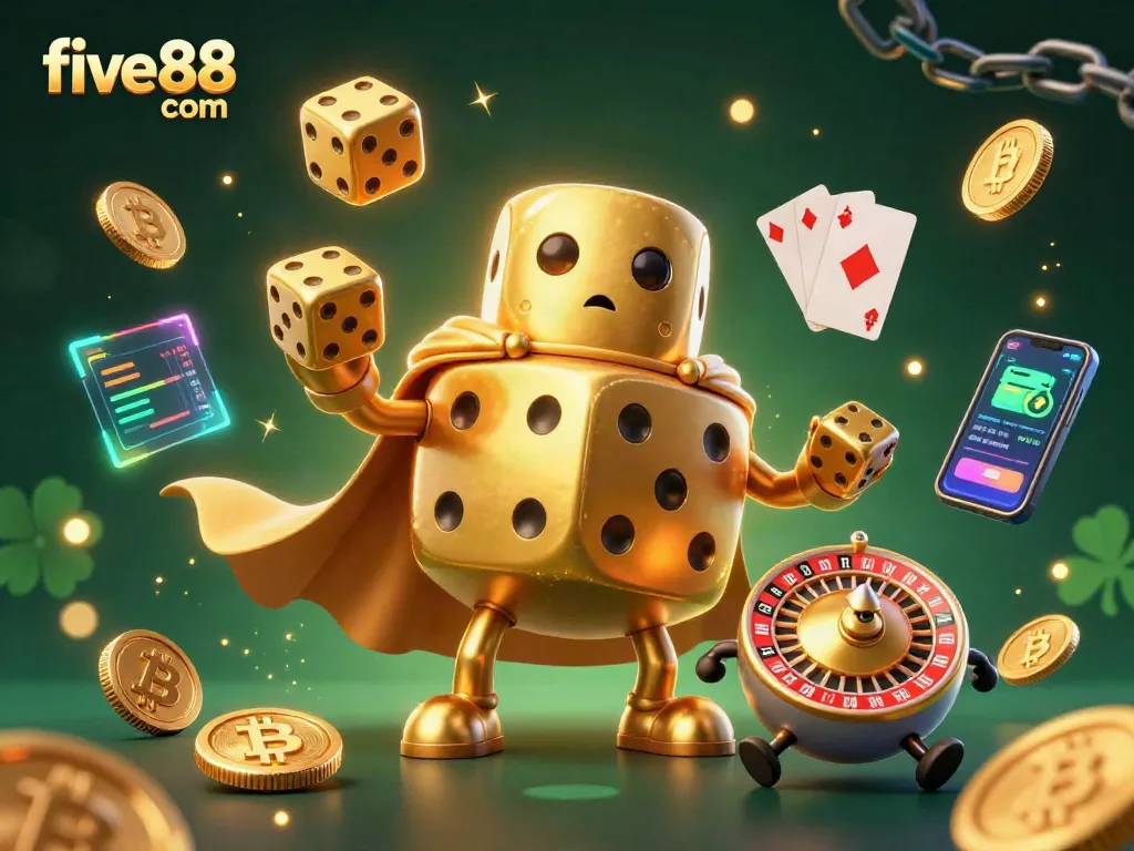 Experience five88 com with an exciting dice golem juggling action surrounded by glowing cryptocurrency elements.