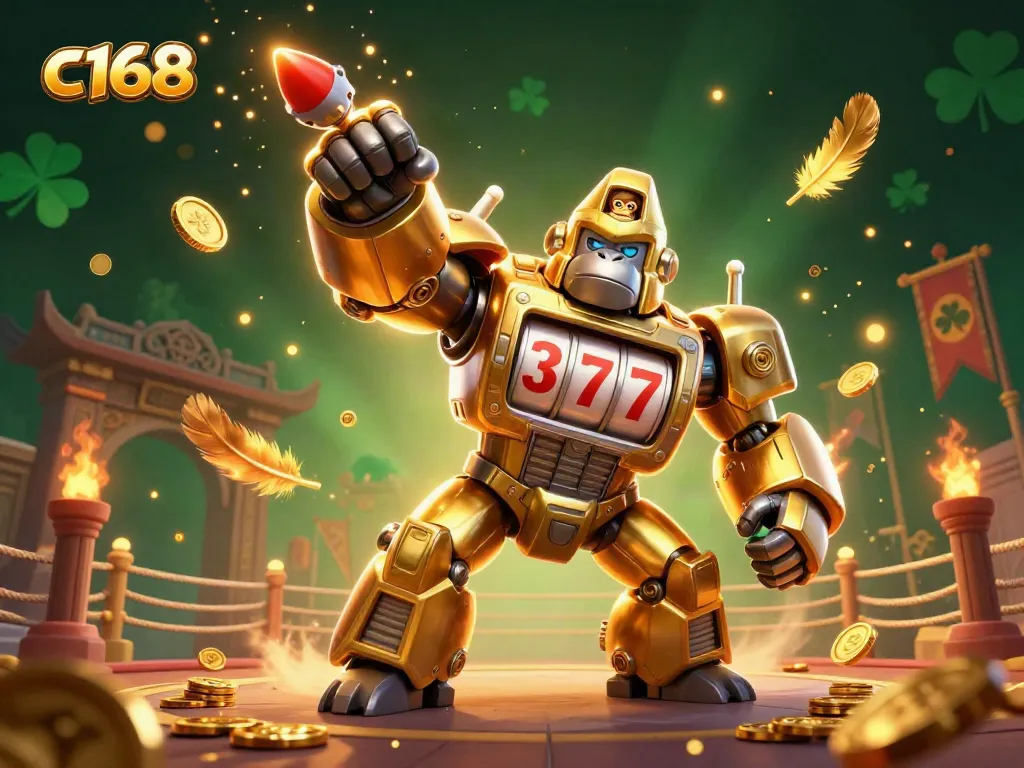 Experience high-energy gameplay with c168 featuring a golden gorilla mech amidst vibrant casino elements.