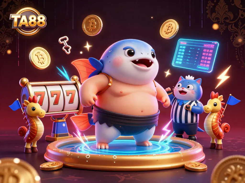 TA88 offers a vibrant illustration showcasing a fun underwater gambling scene with a fugu mascot.