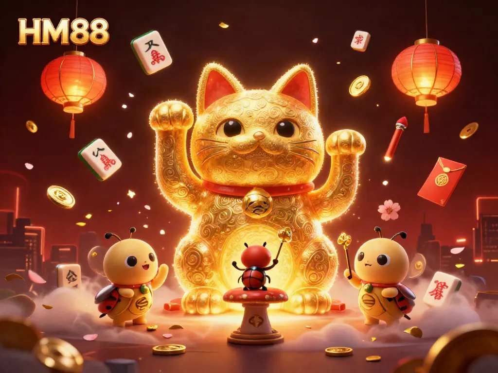 Experience the vibrant energy of HM 88 with golden fireflies and lucky symbols in this 3D casino illustration.