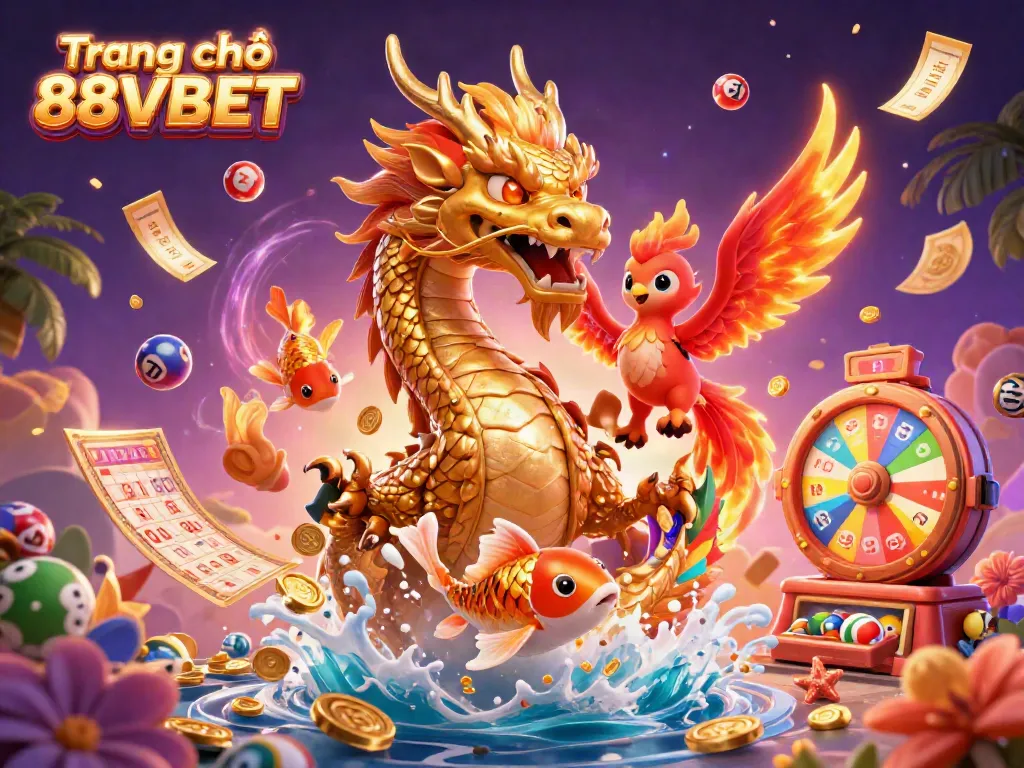 Experience the thrill of luck with the golden dragon and koi at Trang chủ 88VBET, amidst colorful lottery elements.