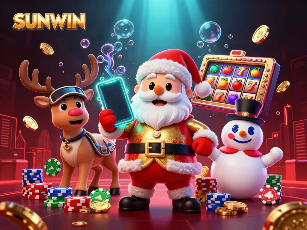 SUNWIN Santa Claus celebrating jackpots in a vibrant casino scene filled with colorful slot game elements.