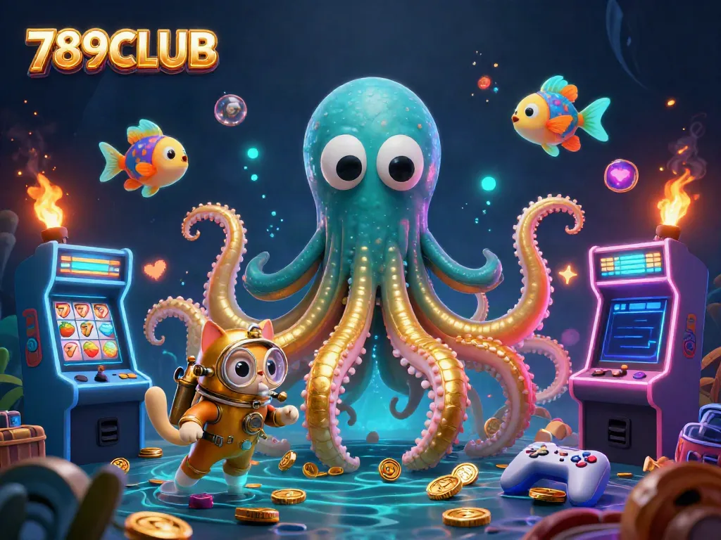 Engage with 789CLUB's thrilling world of slots featuring a kraken and diving cat.