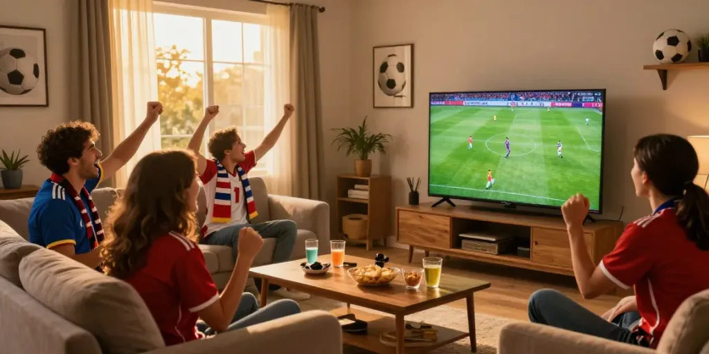 Friends enjoying a football match together while watching gavangtv in a cozy living room.