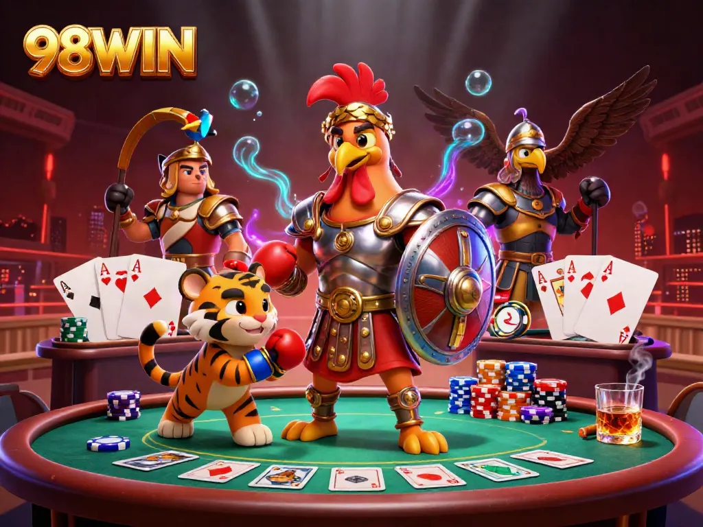 98WIN livens up the casino scene with a gladiator rooster amidst poker tables and chips.