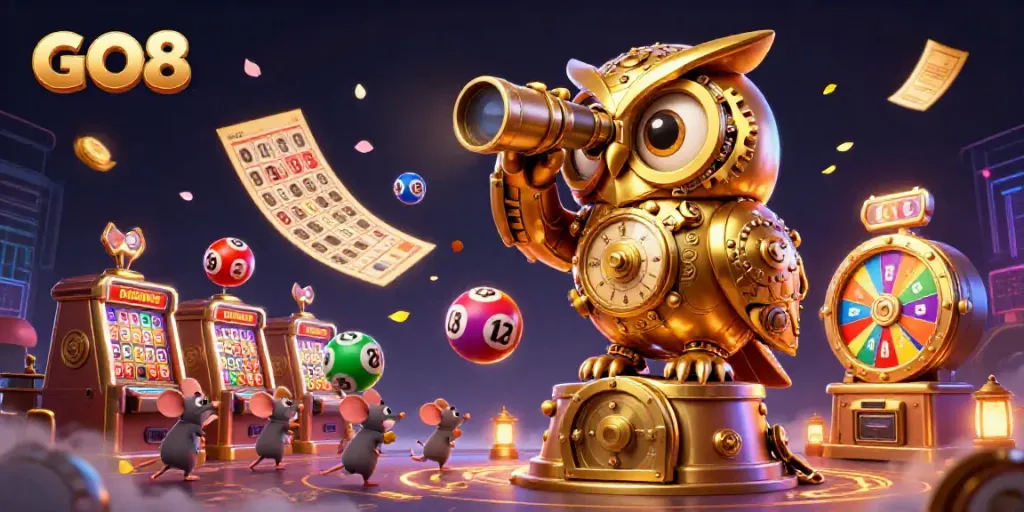 GO8 golden owl watches over a vibrant casino floor filled with lottery balls and playful mice.
