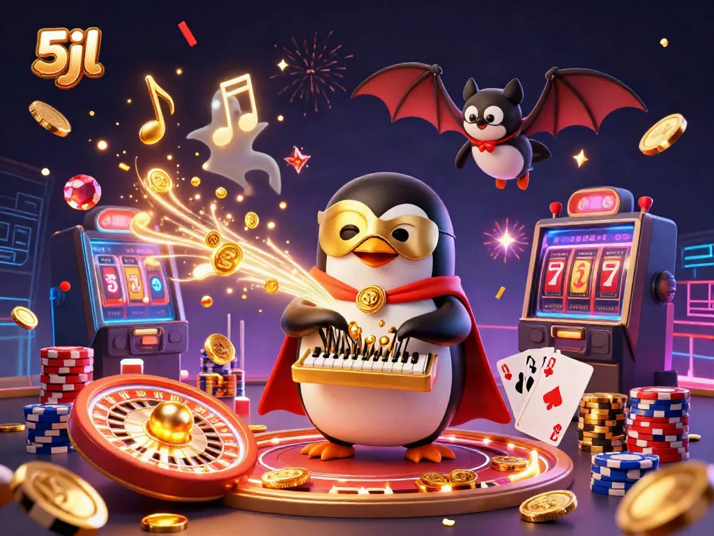 Experience casino thrills with the 5jl phantom opera penguin playing for big rewards amid flying coins and gems.