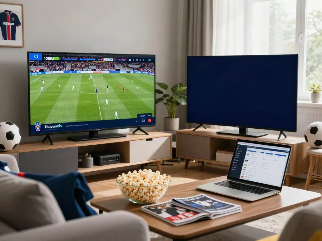 Fan enjoying Thapcamtv while watching live football match on large screen.
