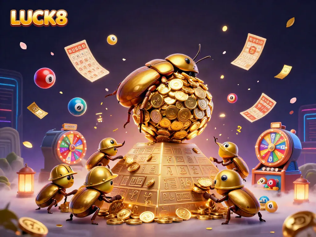 Experience thrilling wins with LUCK8 as golden coins and lottery balls energize the casino atmosphere.