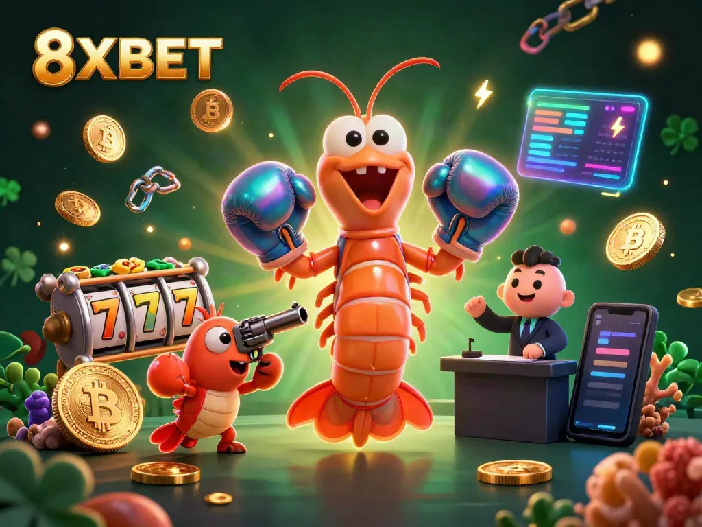 8XBET features a vibrant 3D casino scene with colorful gaming elements and energetic shrimp characters.