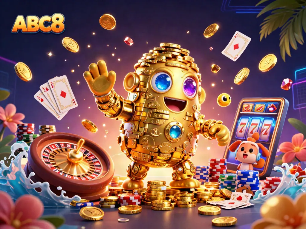 Join ABC8's thrilling casino adventures with a golden golem and vibrant gambling elements.