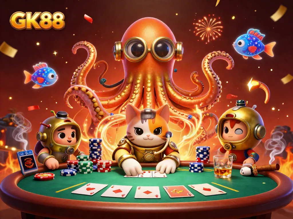 Engage with the vibrant thrill of GK88 as a colossal kraken and a diving cat navigate a casino adventure.
