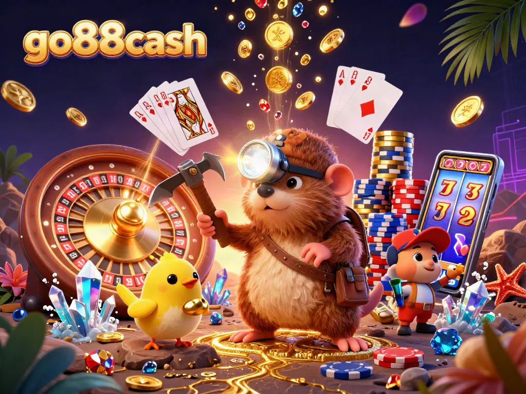 Join the treasure hunter mole and canary in a vibrant scene filled with golden rewards at go88cash casino.