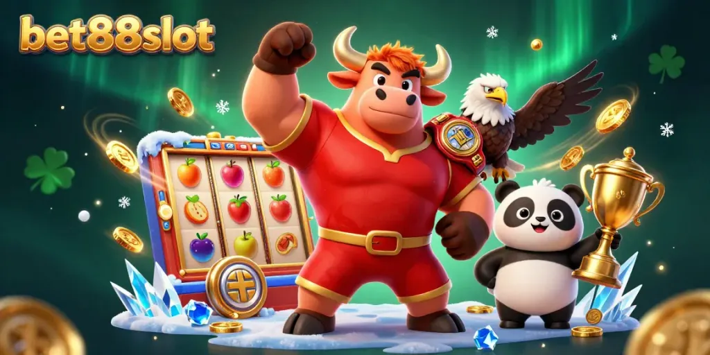 Experience vibrant casino action with bet88slot in this dynamic 3D illustration featuring a triumphant bull mascot.