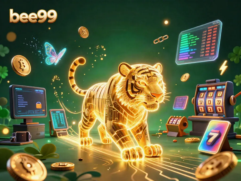 Experience excitement at bee999 with a neon-wireframe tiger in a vibrant digital casino landscape.