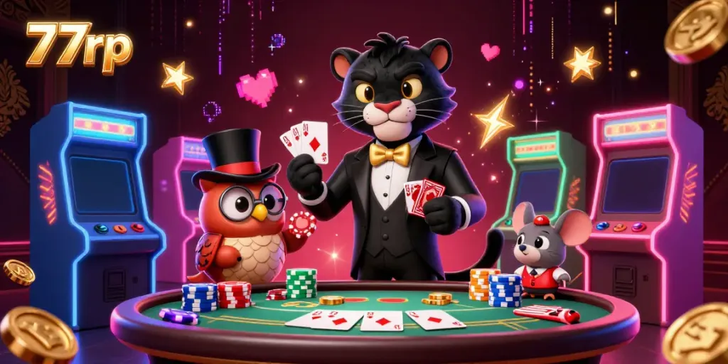 77rp showcases a sophisticated gaming scene with a 3D cartoon panther dealing cards and vibrant casino elements.