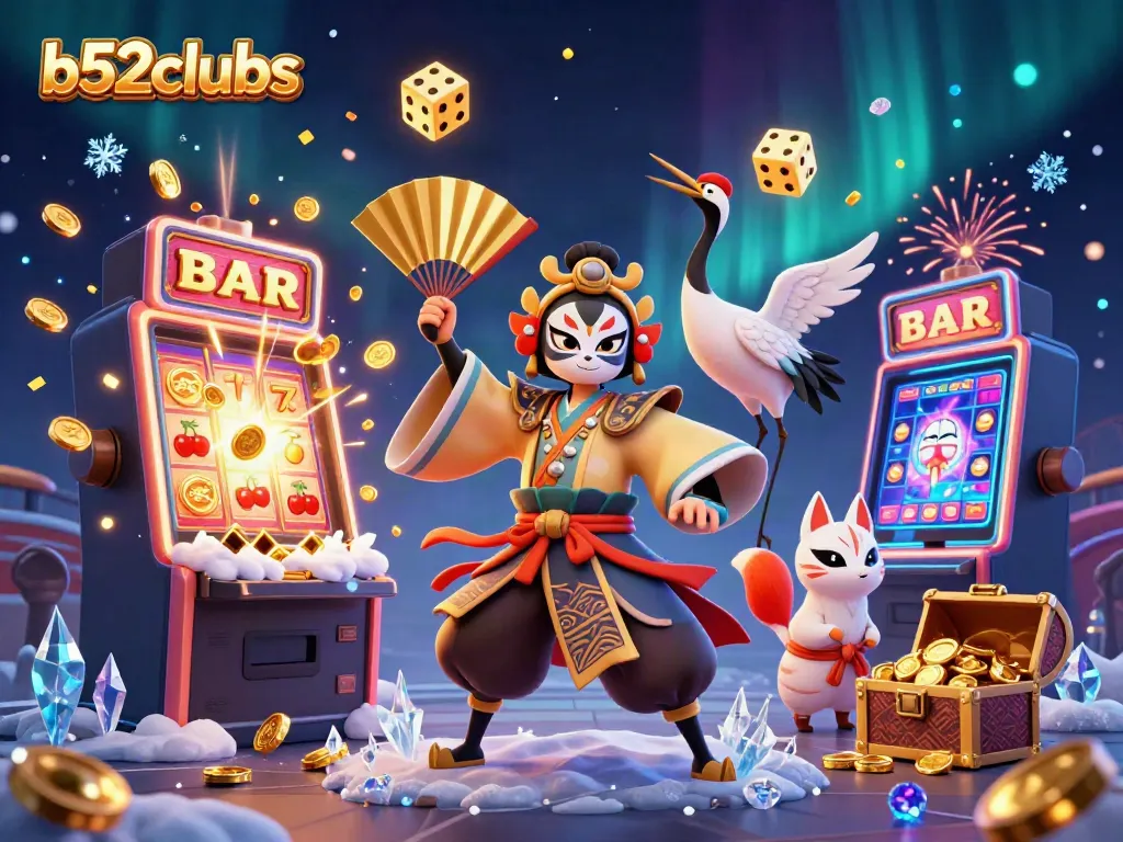 Experience the thrill of b52clubs with vibrant casino-themed 3D illustration featuring kabuki characters and jackpot elements.