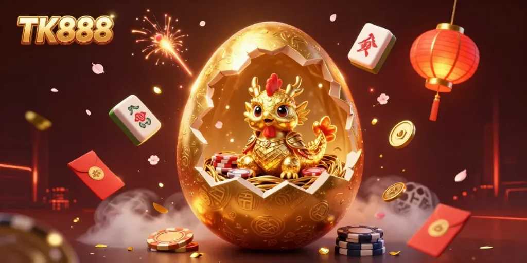 Engage with the vibrant TK888 scene of a golden dragon amidst glowing casino elements, symbolizing a thrilling gaming experience.