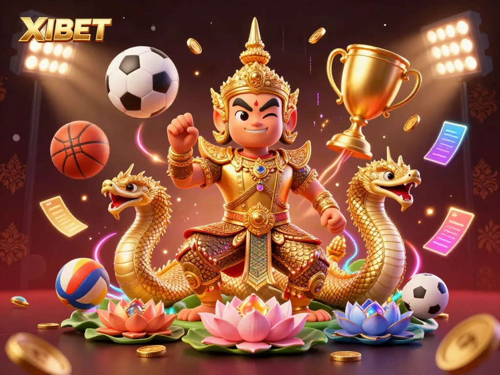 XIBET showcases a vibrant and dynamic casino illustration with a Thai guardian and sports elements.