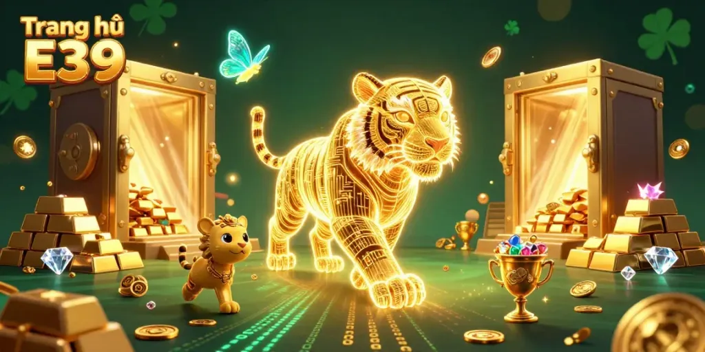 Experience the thrill of gaming at Trang chủ E39, where a neon tiger prowls a vibrant digital casino.