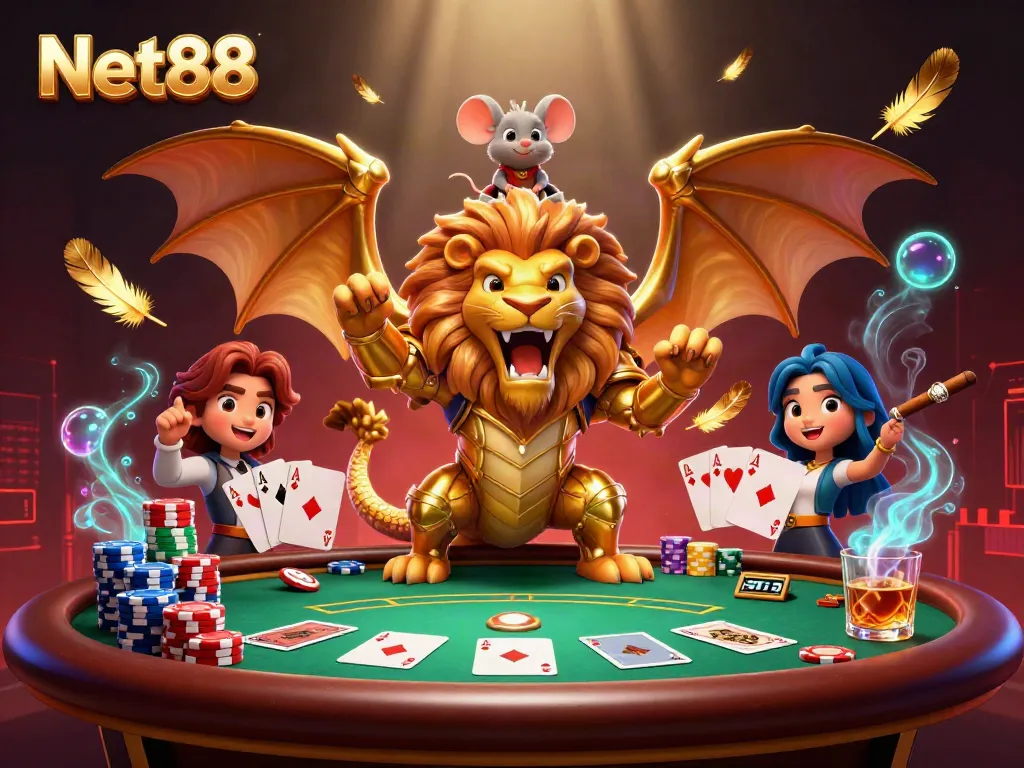 Experience thrilling moments at Net88 with a majestic chimera and poker elements in a dynamic casino scene.