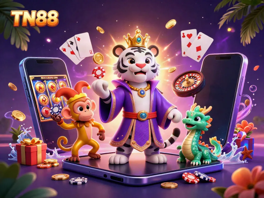 Engage in thrilling gameplay with TN88’s vibrant casino illustration, showcasing exciting characters and dynamic games.