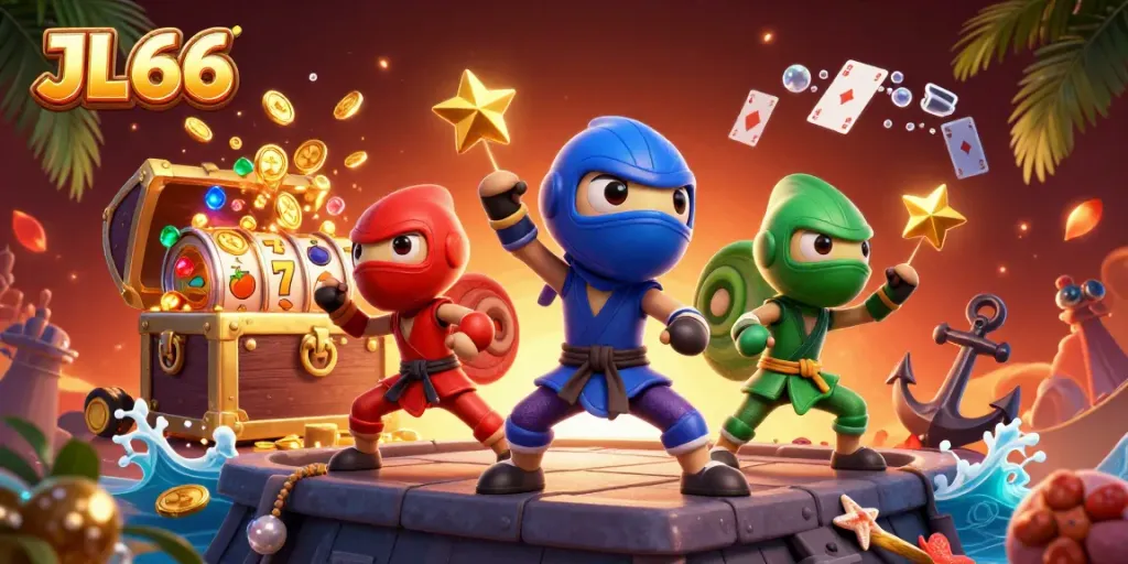 Experience thrilling gameplay at JL66 with ninja chameleons and exciting slot games amid treasure.