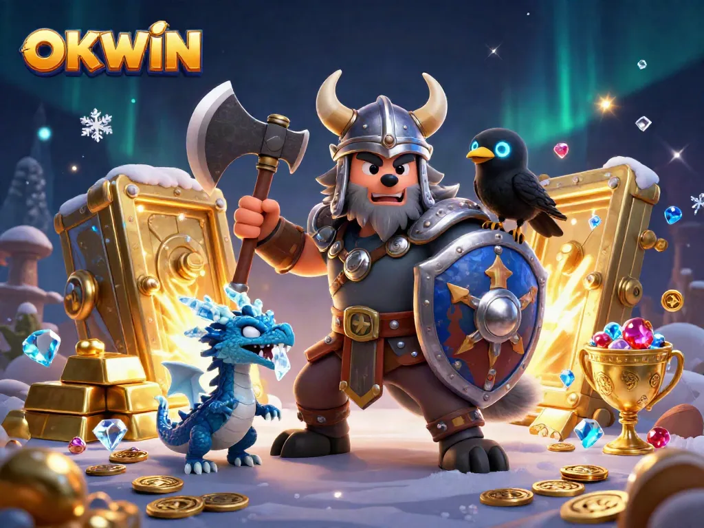 Engage with the thrilling OKWIN adventure featuring a Viking warrior, dragon, and treasure in a mystical casino setting.
