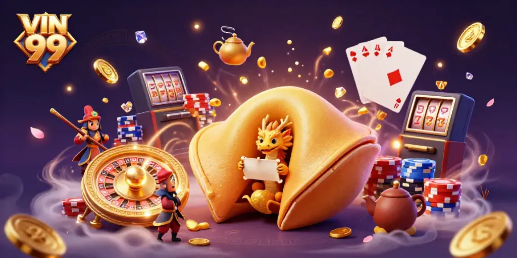 Experience the thrilling world of VIN 99 with a captivating 3D casino illustration packed with vibrant energy and gaming elements.